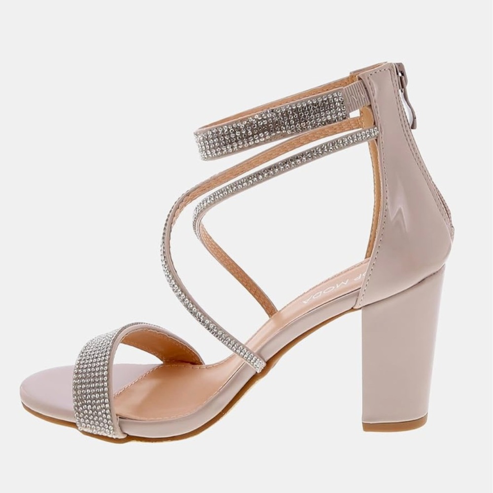 TOP Moda Formal Rhinestone Chunky Block Heel Sandal Crisscross Strappy Nude, 8.5 - Picture 7 of 9